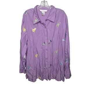 Susan Graver Style XL Purple Linen Blend Blouse Embroidered Butterfly‎ Shirt